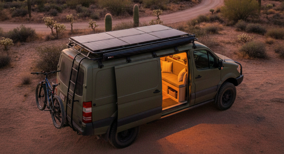 autocaravana con placas solares en el techo.
