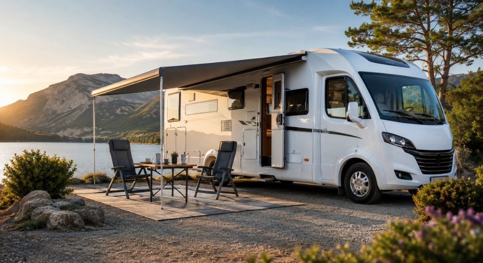 Ejemplo de una autocaravana acampando, con toldo, mesa, silla.